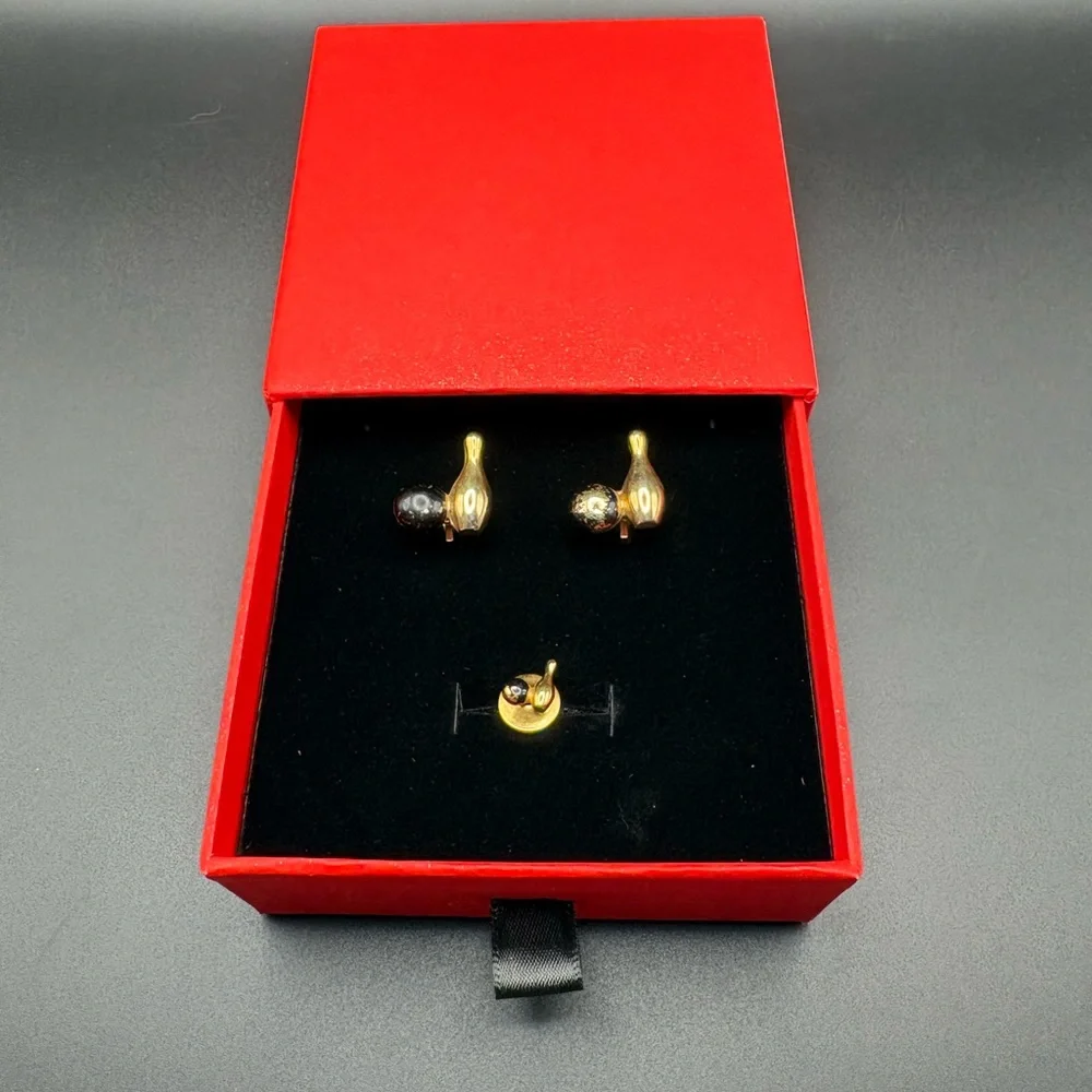 Vintage Anson Bowling Pin Ball Cufflinks Tie Tack Set Gold Tone Novelty Gift